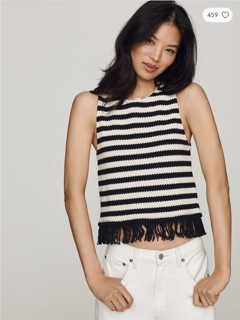 Maeve Black and White Striped Fringe Knit Tank